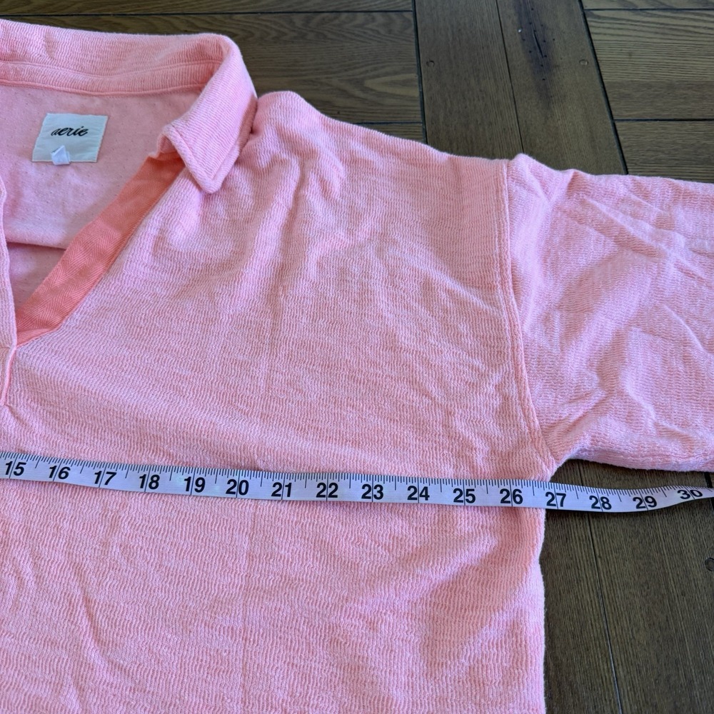Aerie Polo Sweatshirt Women's L Coral Pink Slub Knit V-Neck Relaxed Athleisure - Picture 9 of 10